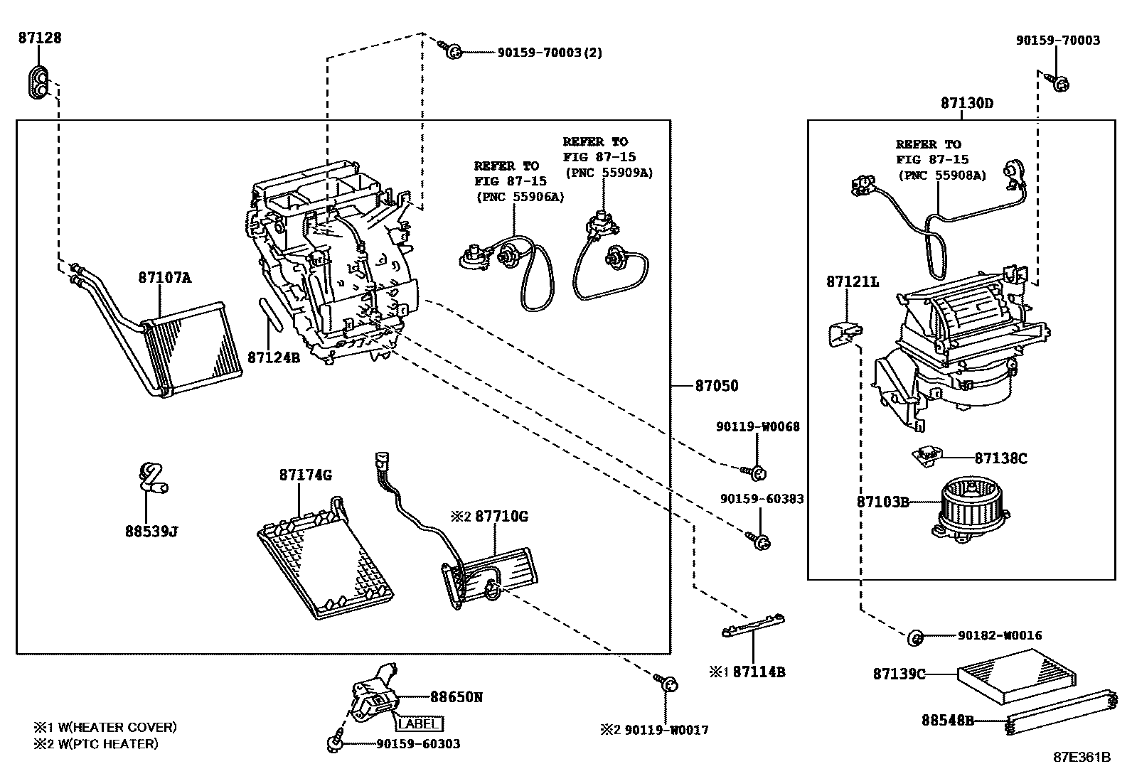 Toyota YARIS 暖风和空调系统 - 冷却器组件 EPC diagram — 87E361B