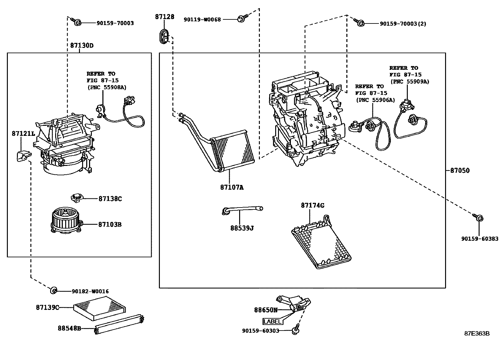 Toyota YARIS 暖风和空调系统 - 冷却器组件 EPC diagram — 87E363B