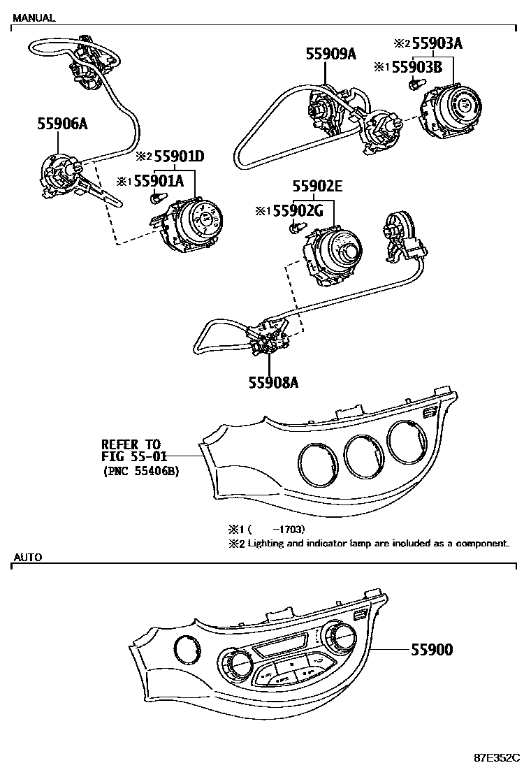 Toyota YARIS 暖风和空调系统 - 控制器和风管 EPC diagram — 87E352C