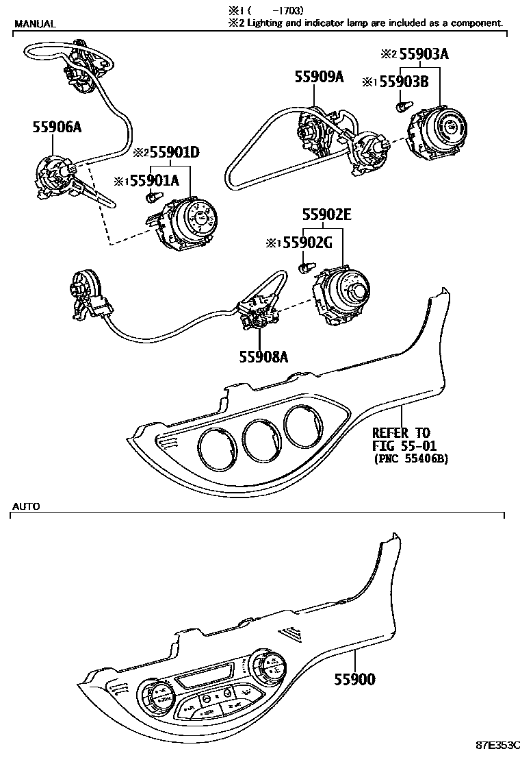Toyota YARIS 暖风和空调系统 - 控制器和风管 EPC diagram — 87E353C