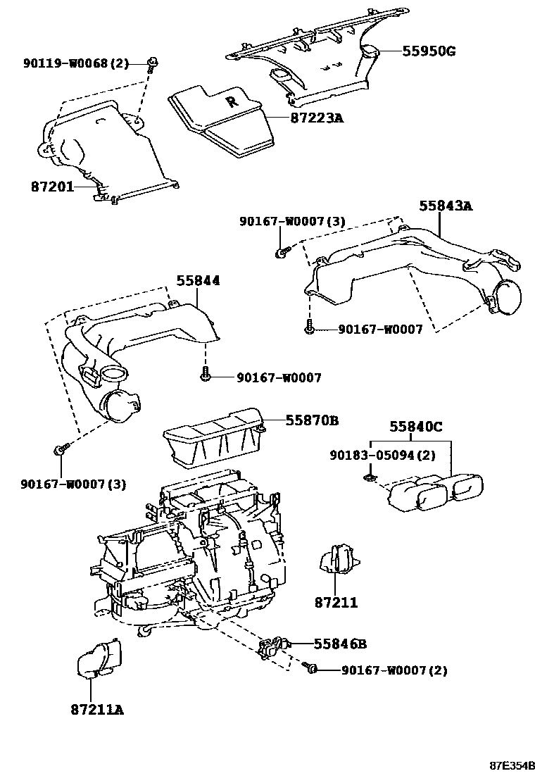 Toyota YARIS 暖风和空调系统 - 控制器和风管 EPC diagram — 87E354B