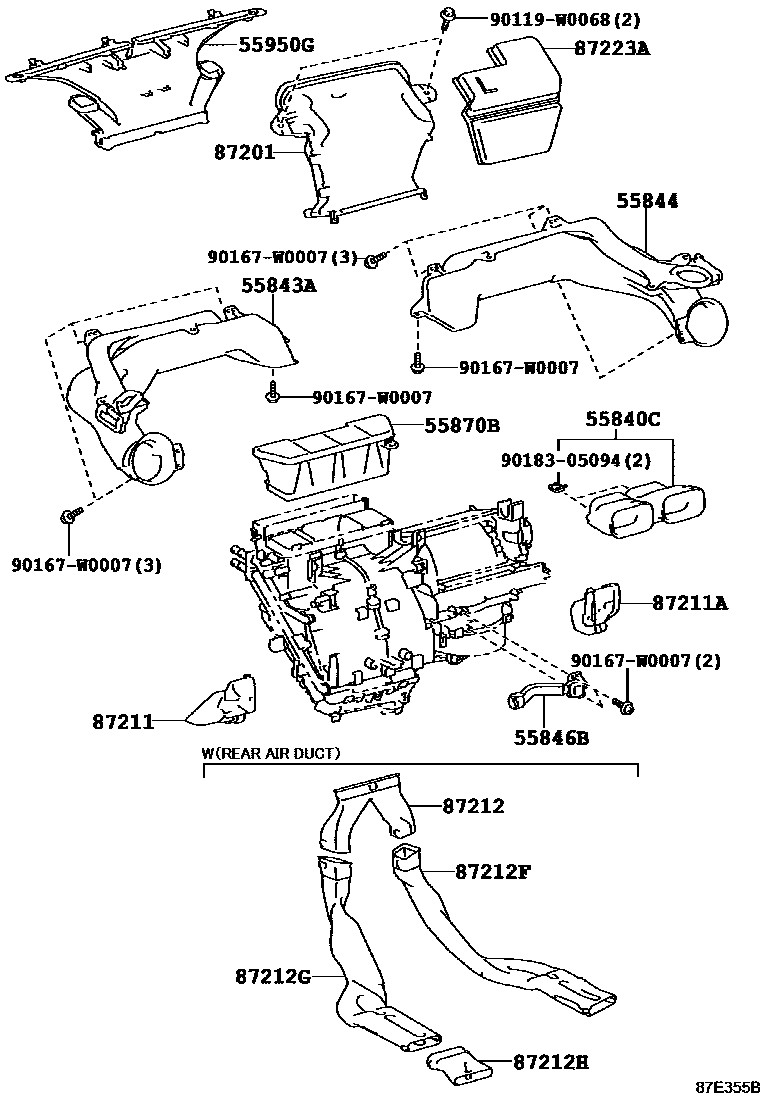 Toyota YARIS 暖风和空调系统 - 控制器和风管 EPC diagram — 87E355B