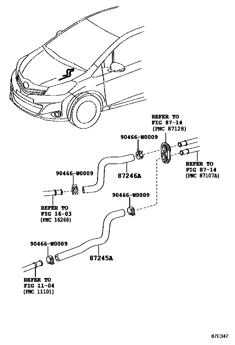 Toyota YARIS 暖风和空调系统 - 水管 EPC diagram — 87E347