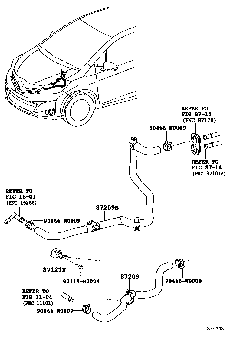 Toyota YARIS 暖风和空调系统 - 水管 EPC diagram — 87E348
