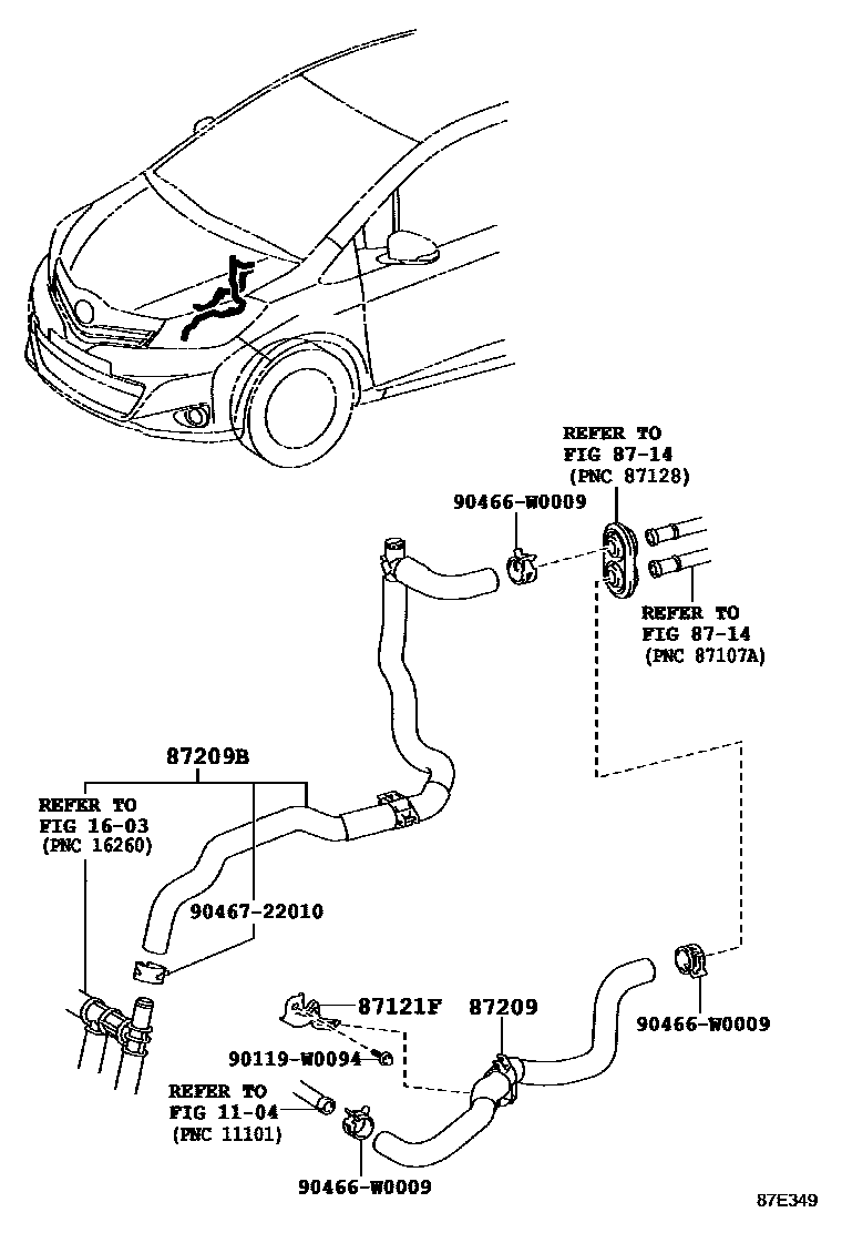 Toyota YARIS 暖风和空调系统 - 水管 EPC diagram — 87E349