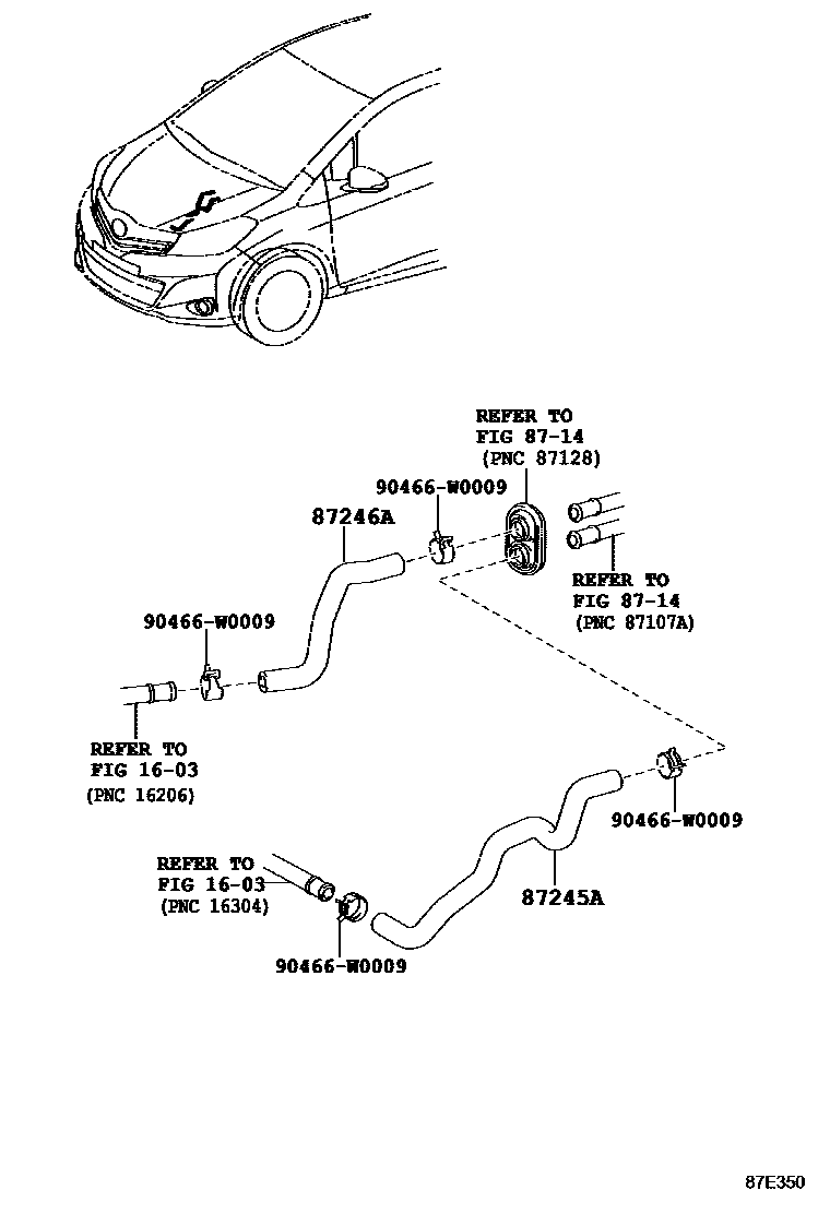 Toyota YARIS 暖风和空调系统 - 水管 EPC diagram — 87E350