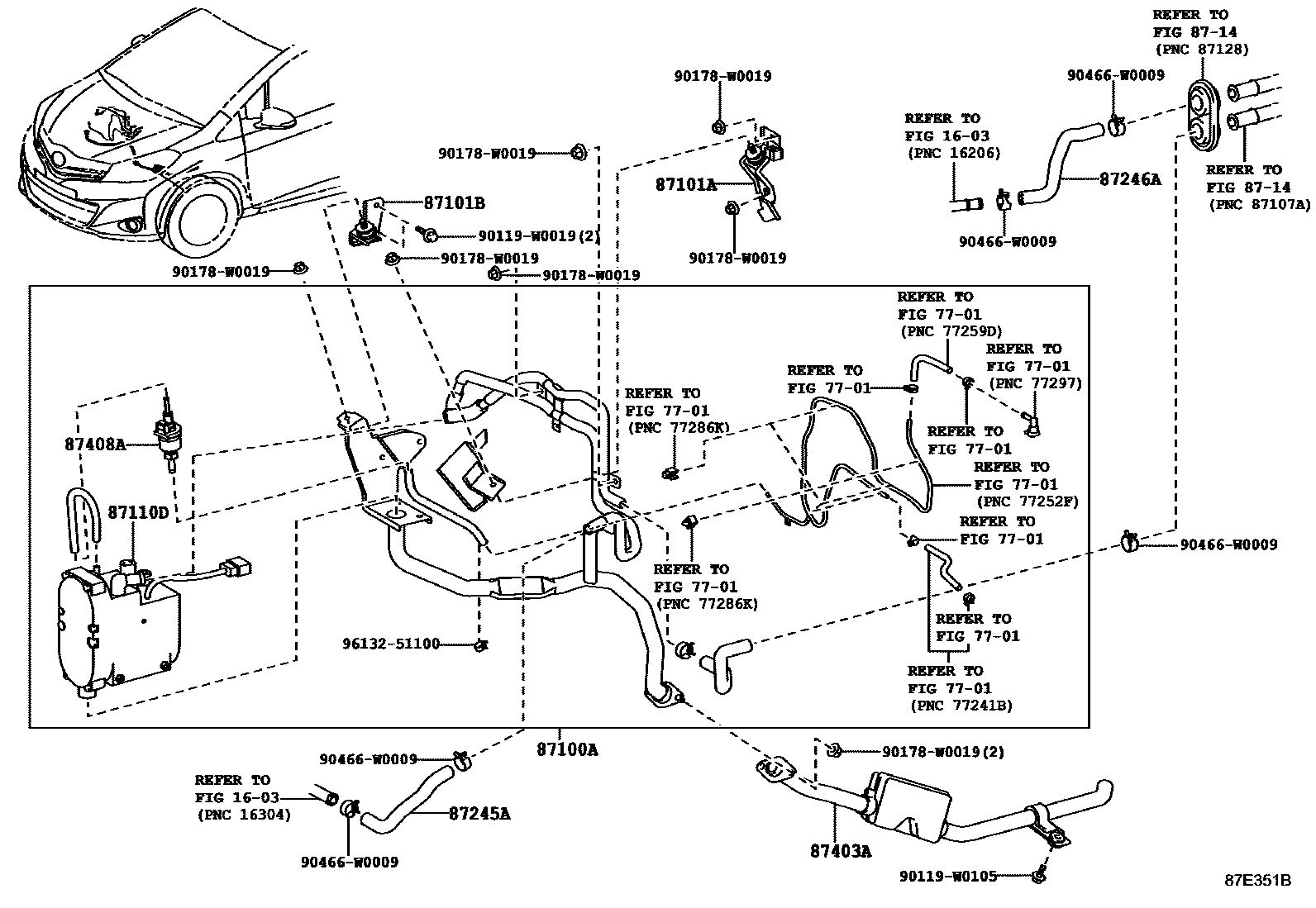 Toyota YARIS 暖风和空调系统 - 水管 EPC diagram — 87E351B