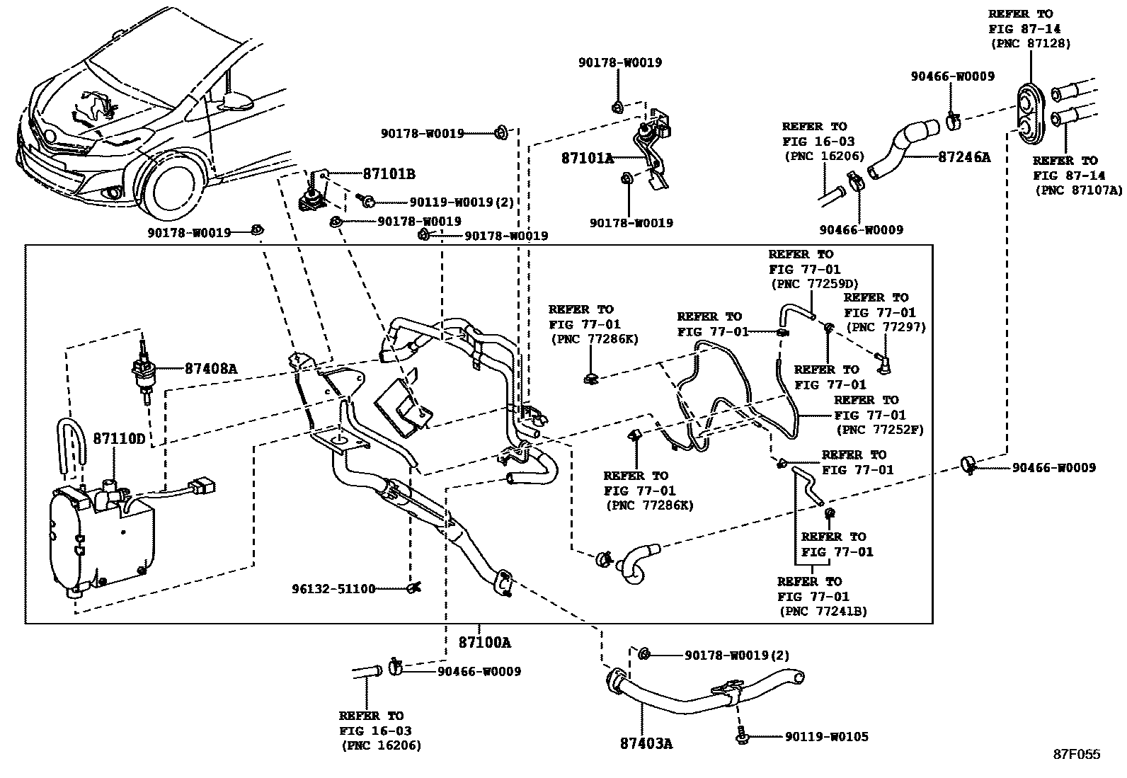 Toyota YARIS 暖风和空调系统 - 水管 EPC diagram — 87F055