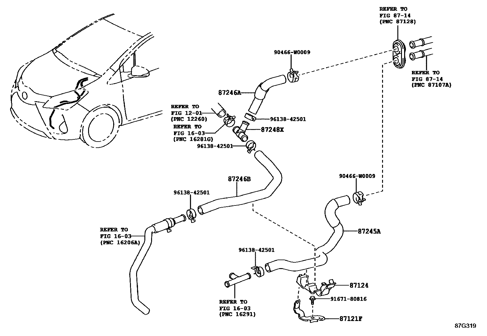 Toyota YARIS 暖风和空调系统 - 水管 EPC diagram — 87G319