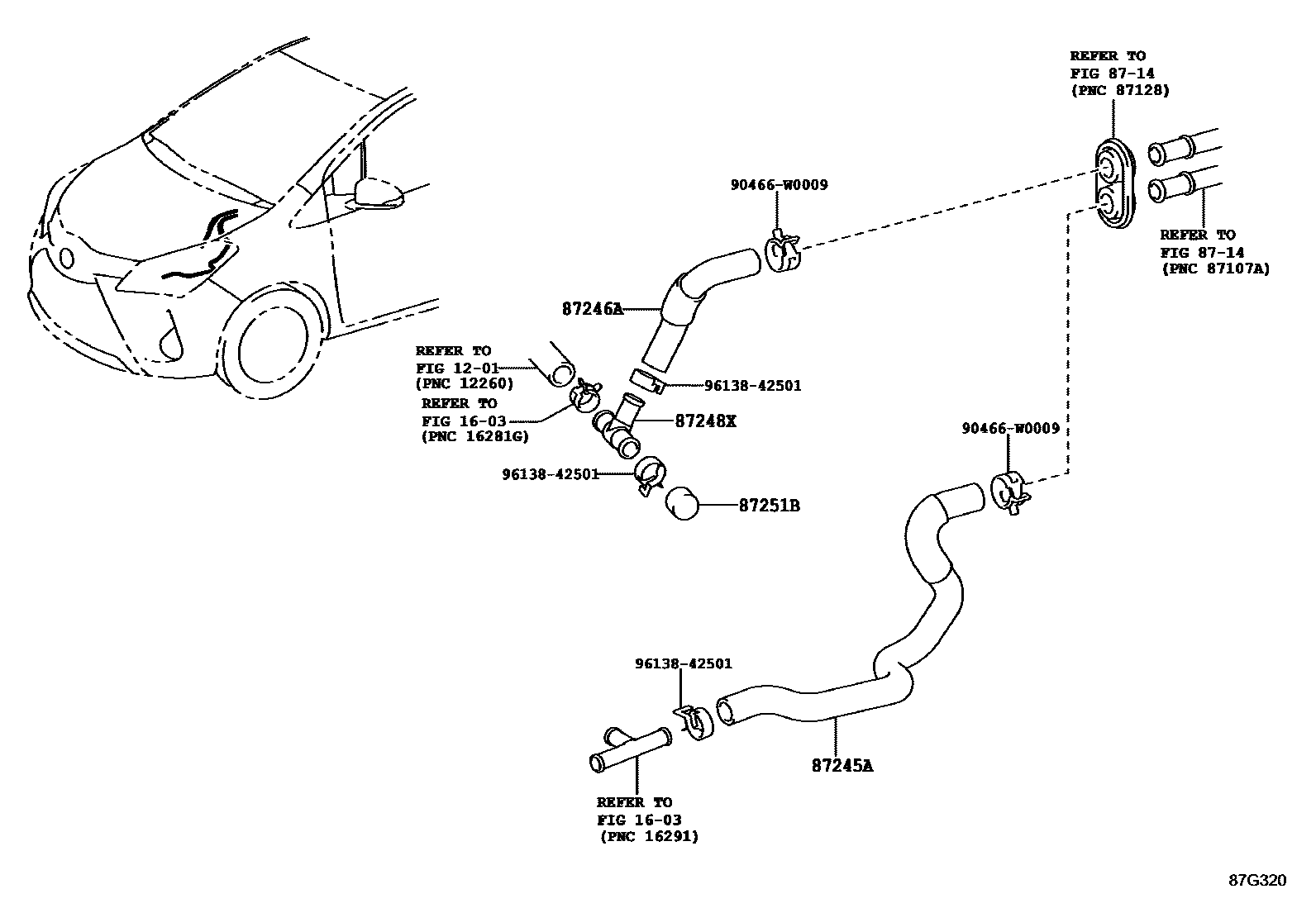 Toyota YARIS 暖风和空调系统 - 水管 EPC diagram — 87G320