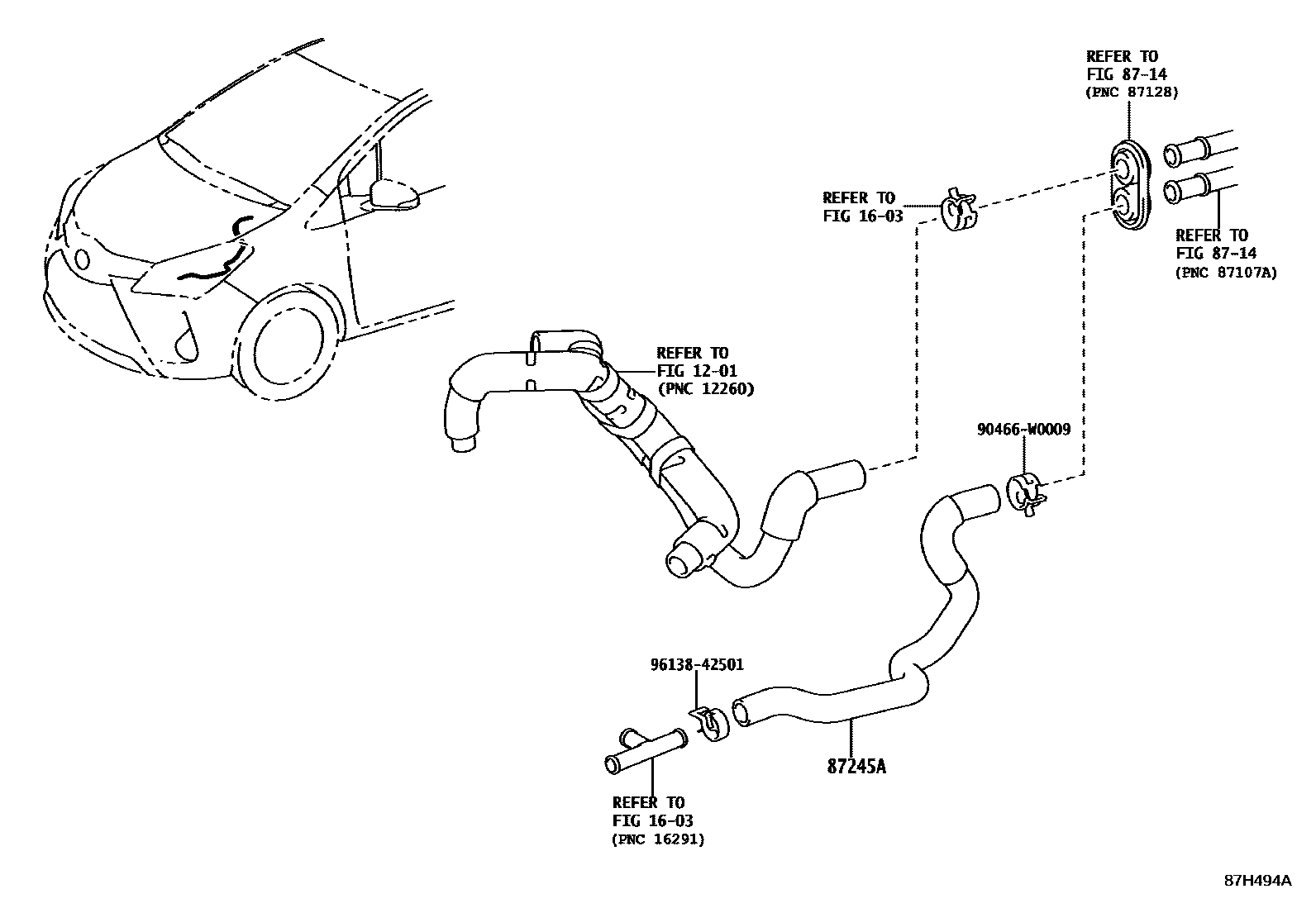 Toyota YARIS 暖风和空调系统 - 水管 EPC diagram — 87H494A