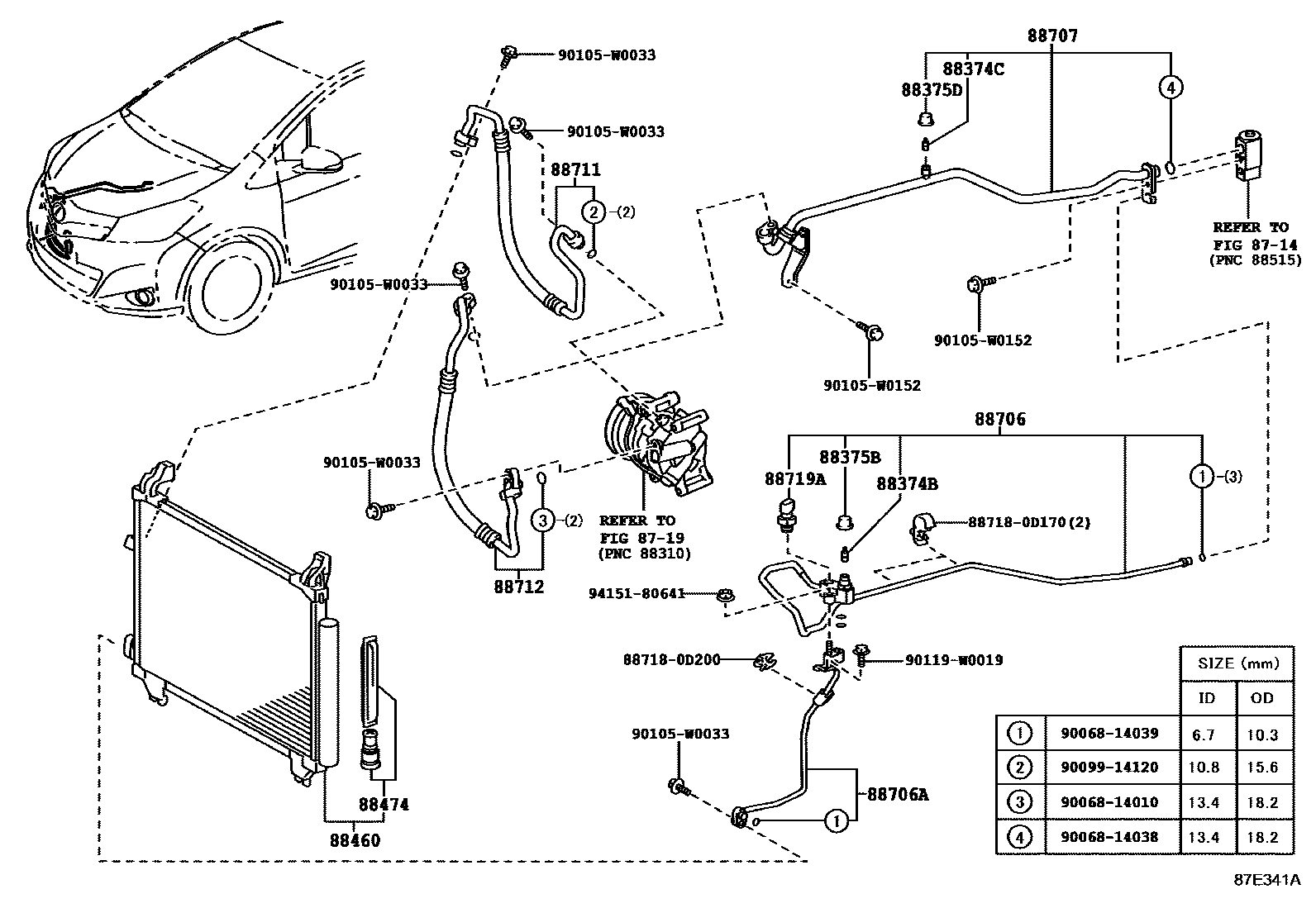 Toyota YARIS Heating & Air Conditioning - Cooler Piping EPC diagram — 87E341A