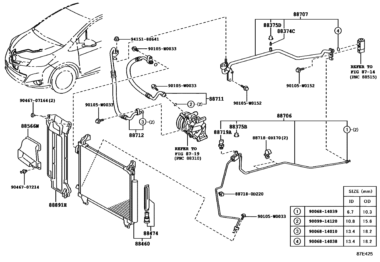 Toyota YARIS Heating & Air Conditioning - Cooler Piping EPC diagram — 87E425