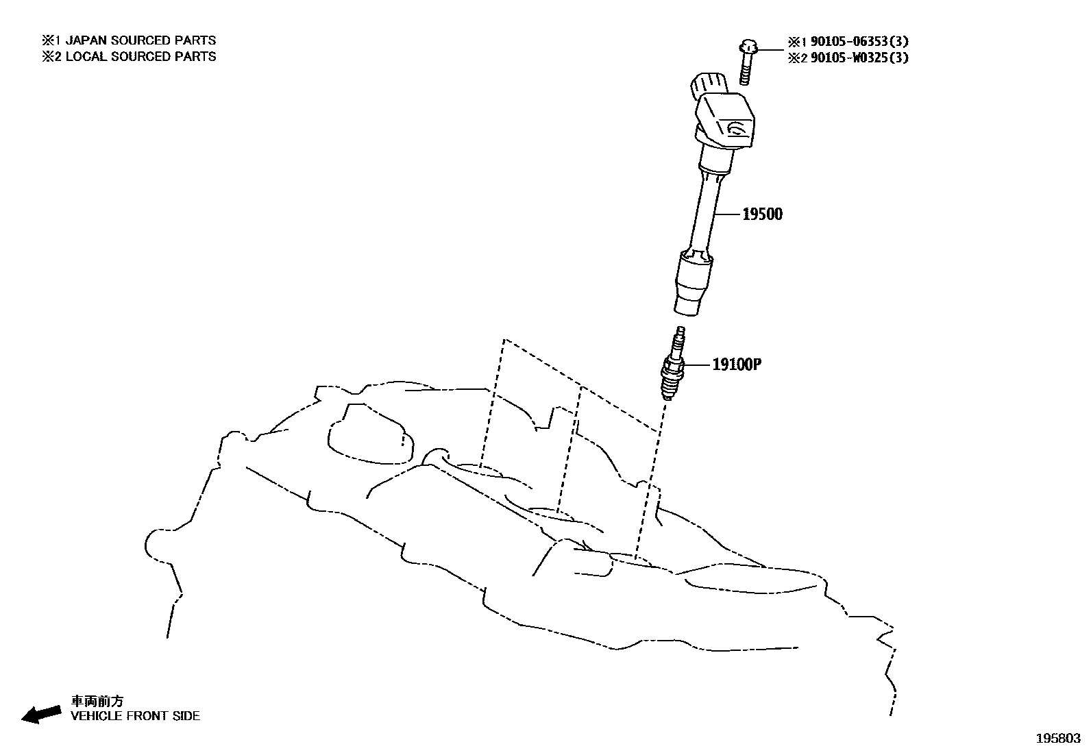 Toyota YARIS 点火线圈和火花塞 EPC diagram — 195803