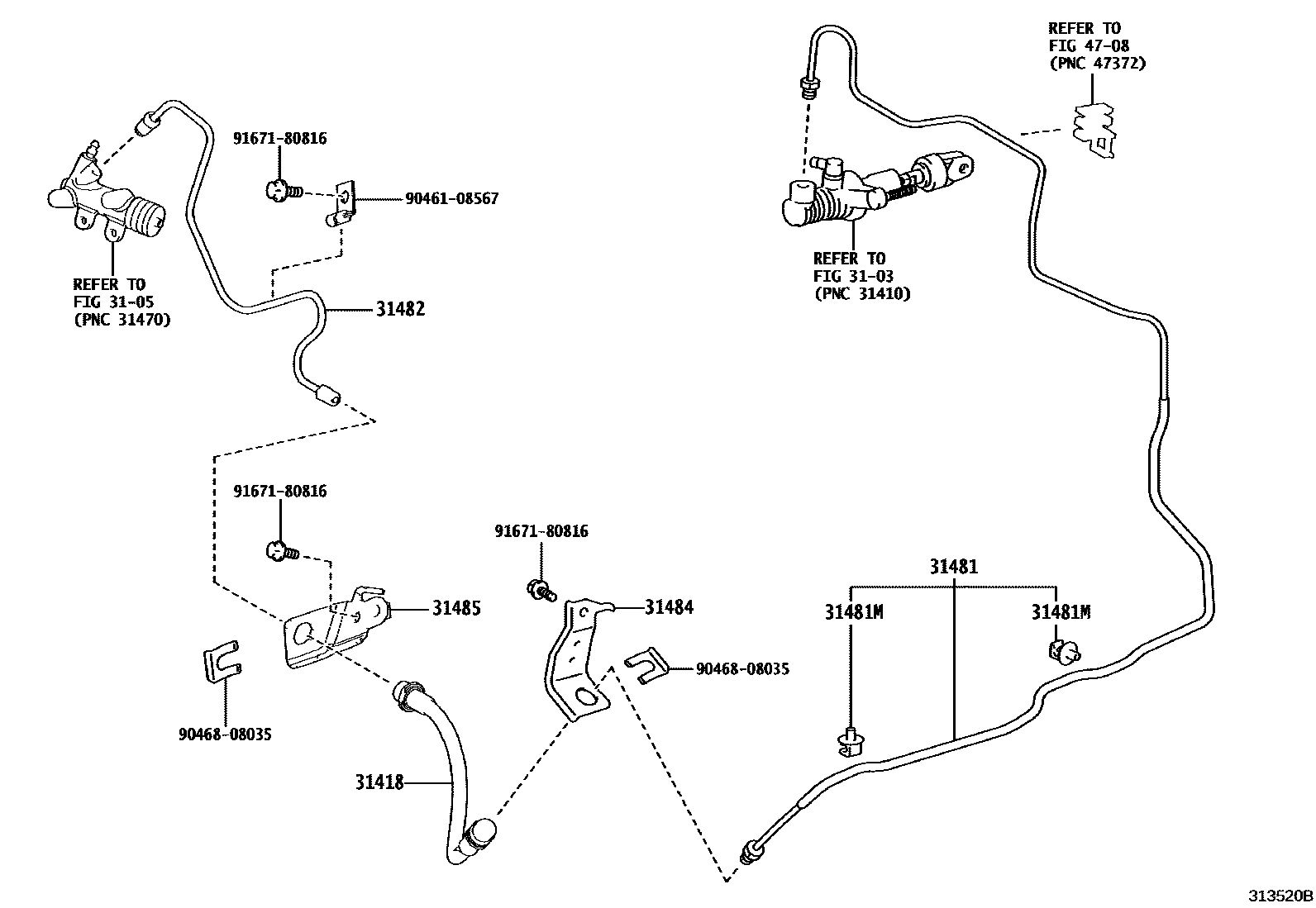 Toyota YARIS 离合器踏板和挠性软管 EPC diagram — 313520B