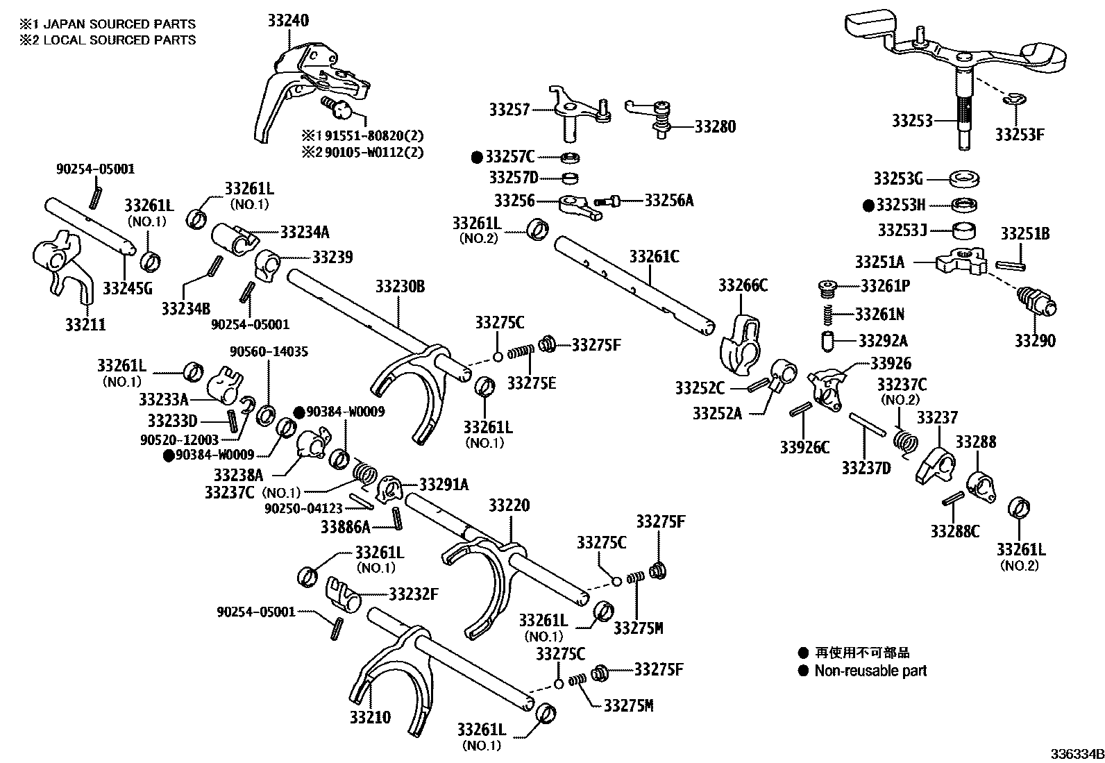 Toyota YARIS 换档拨叉和换档杆轴(MTM) EPC diagram — 336334B