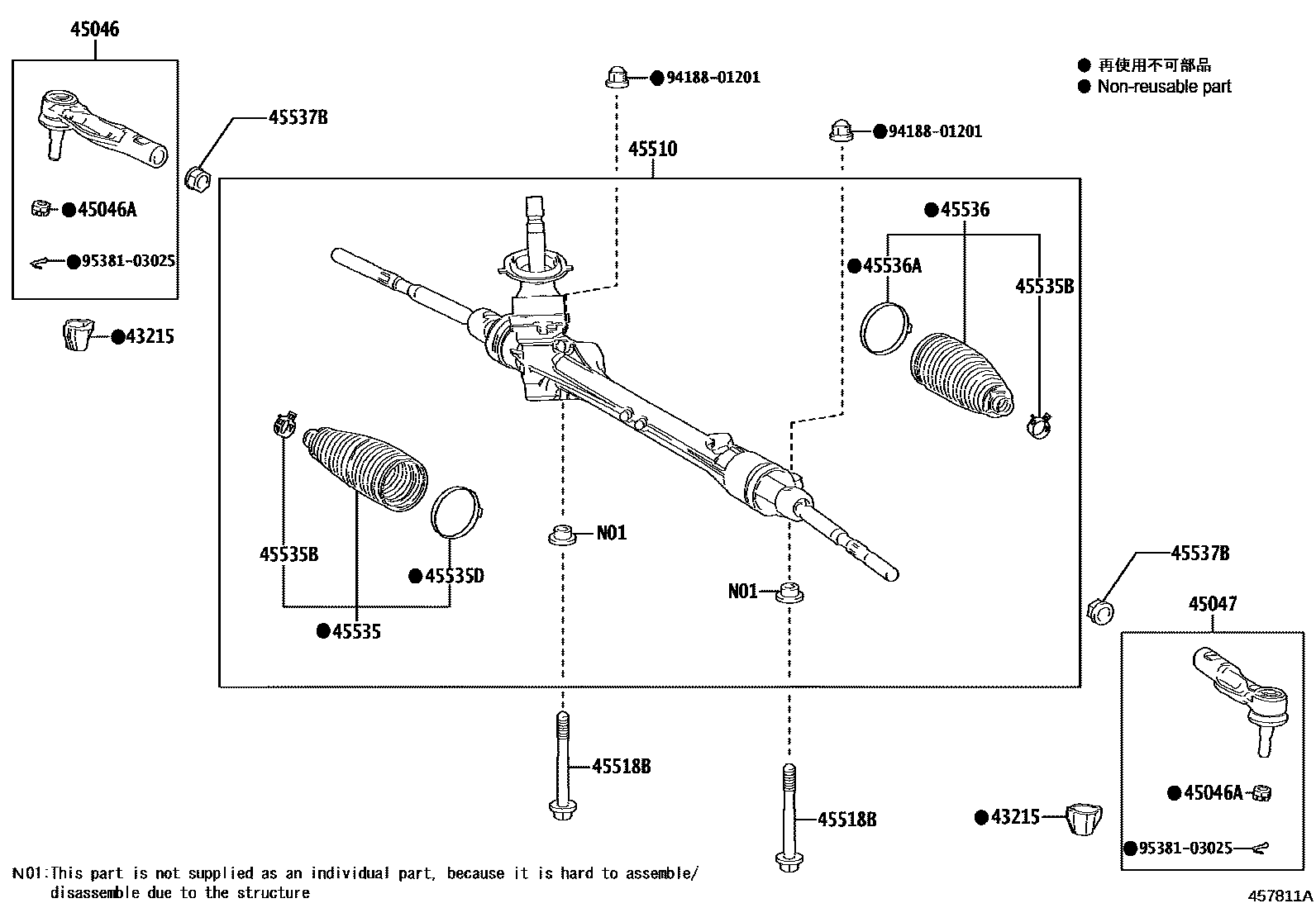 Toyota YARIS 前转向齿轮和连杆 EPC diagram — 457811A