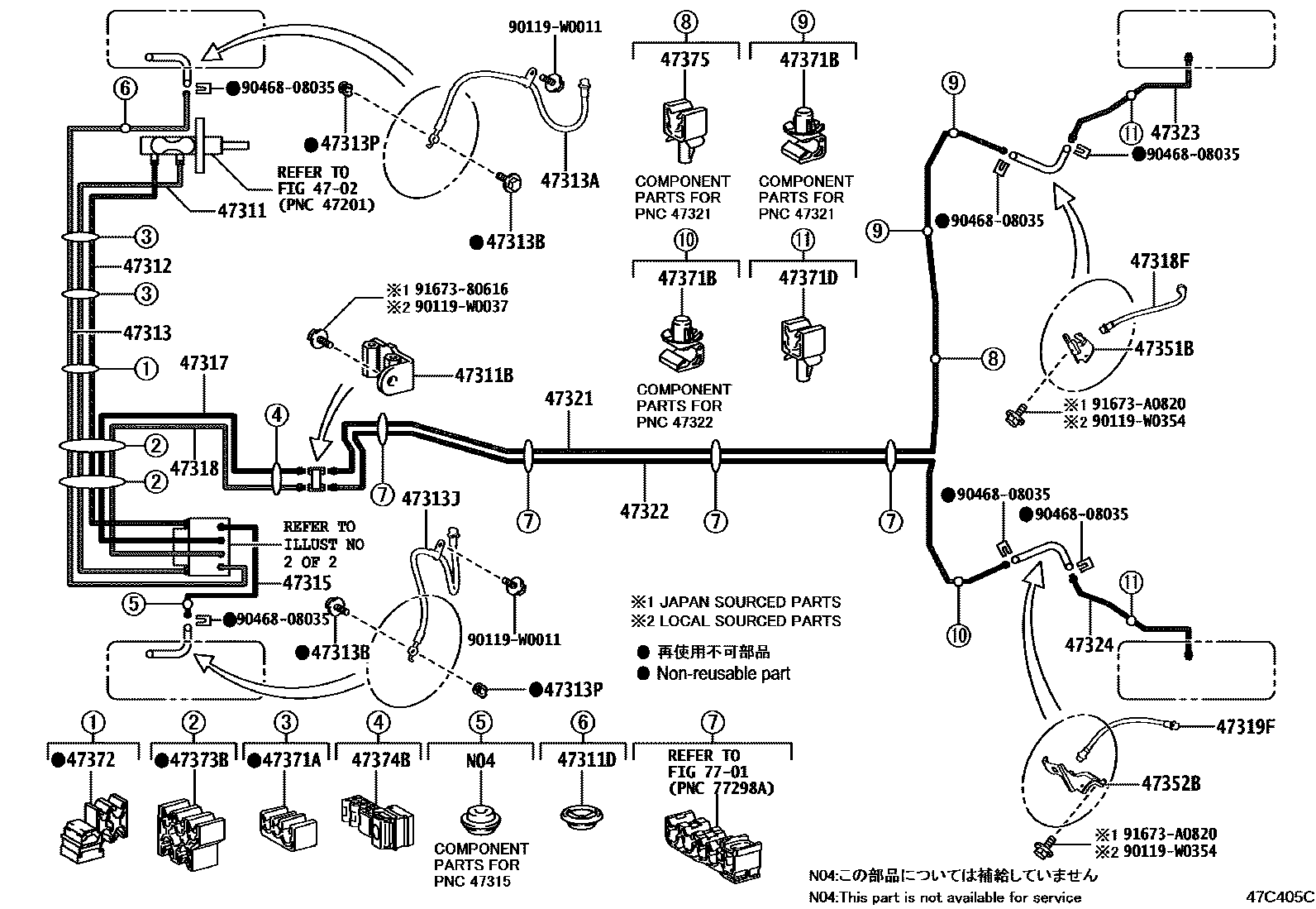 Toyota YARIS 制动配管和卡箍 EPC diagram — 47C405C