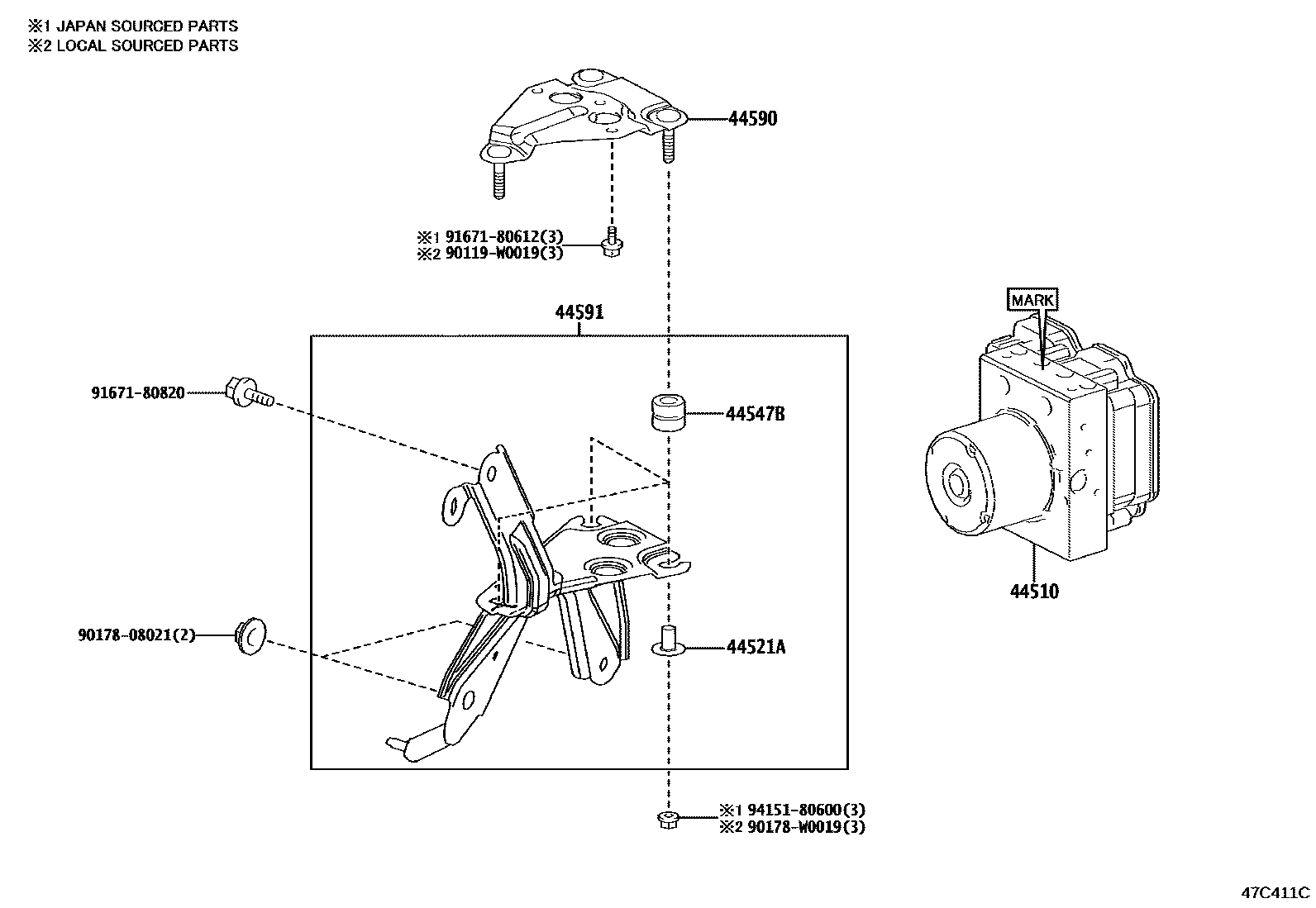 Toyota YARIS 制动配管和卡箍 EPC diagram — 47C411C