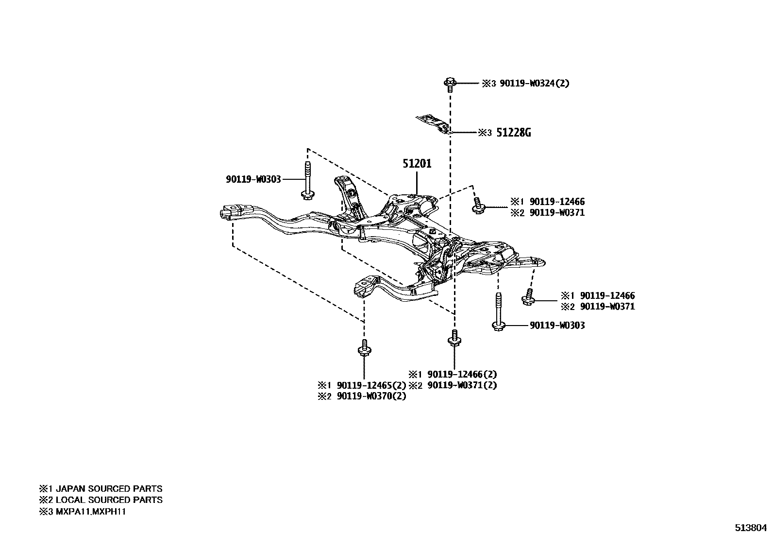 Toyota YARIS 悬架横梁和发动机底罩 EPC diagram — 513804