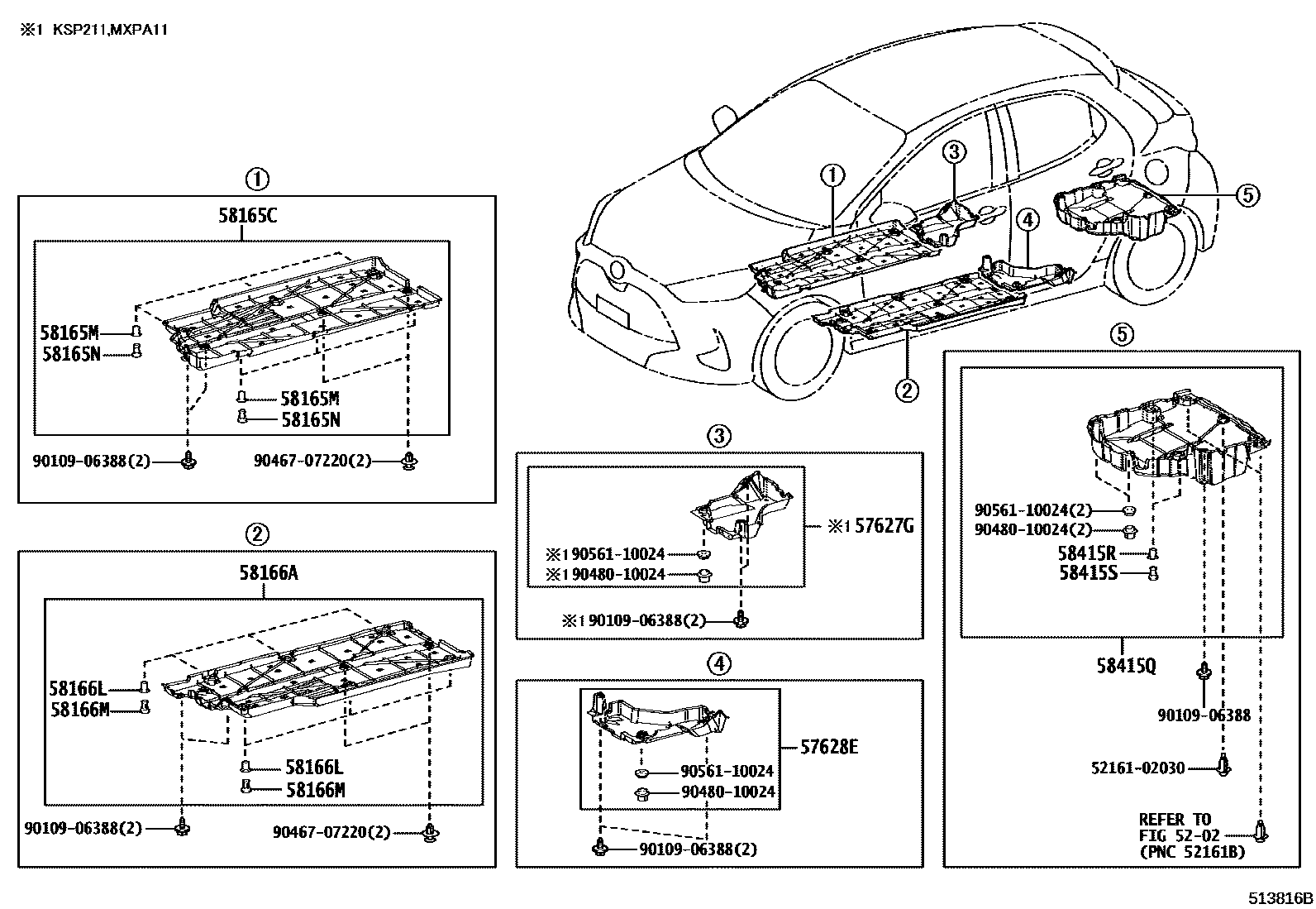 Toyota YARIS 悬架横梁和发动机底罩 EPC diagram — 513816B