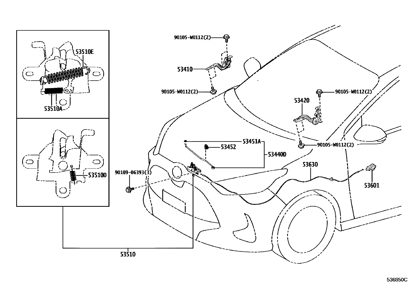 Toyota YARIS 发动机盖锁和铰链 EPC diagram — 536850C
