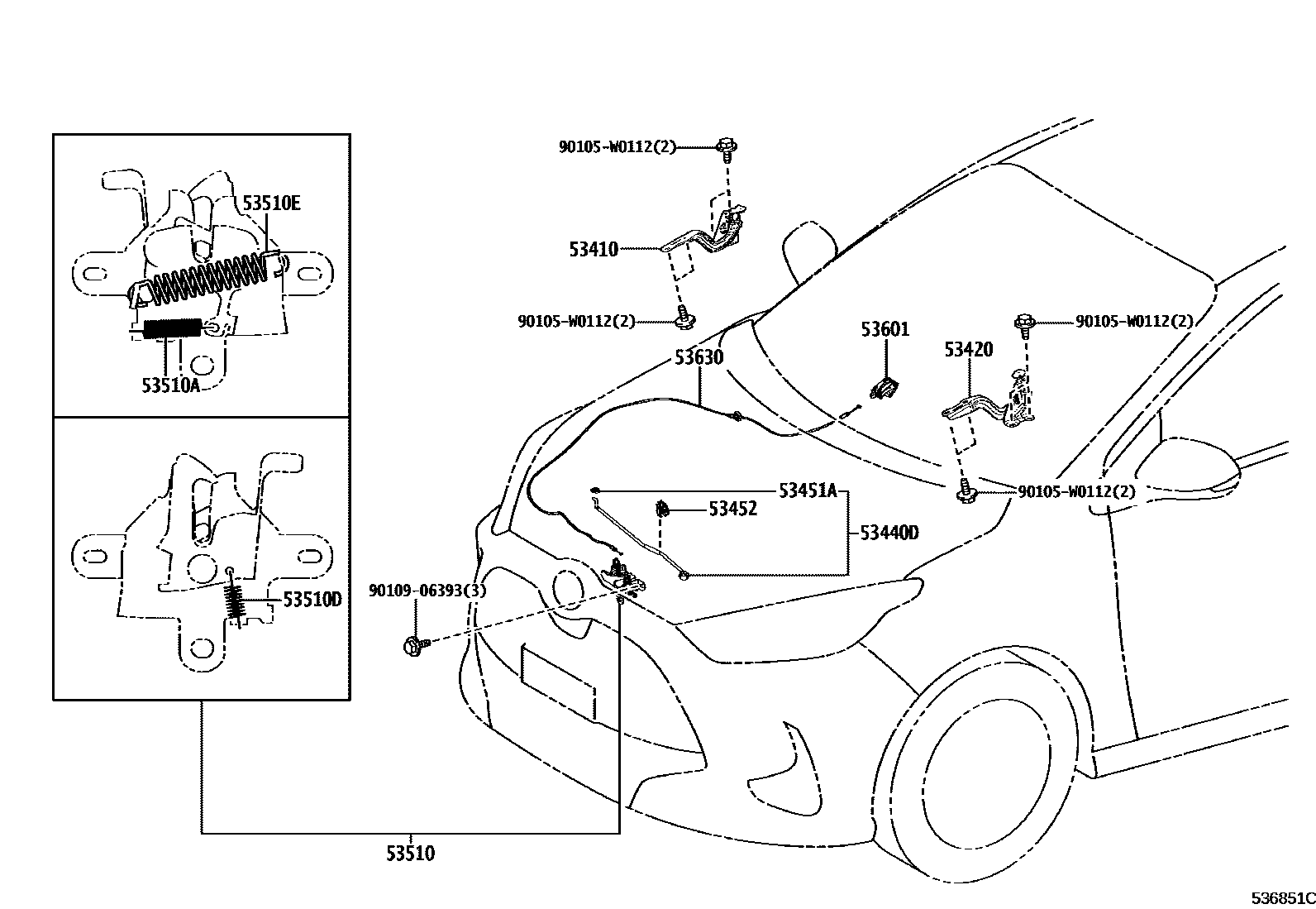 Toyota YARIS 发动机盖锁和铰链 EPC diagram — 536851C