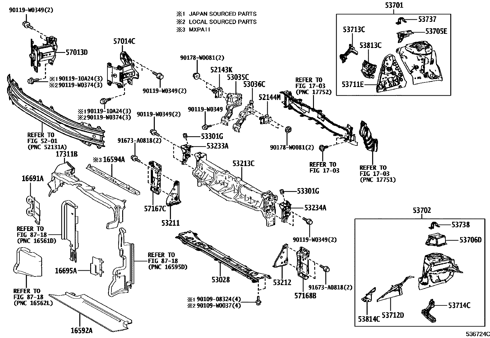 Toyota YARIS 前翼子板挡泥板和前围板 EPC diagram — 536724C