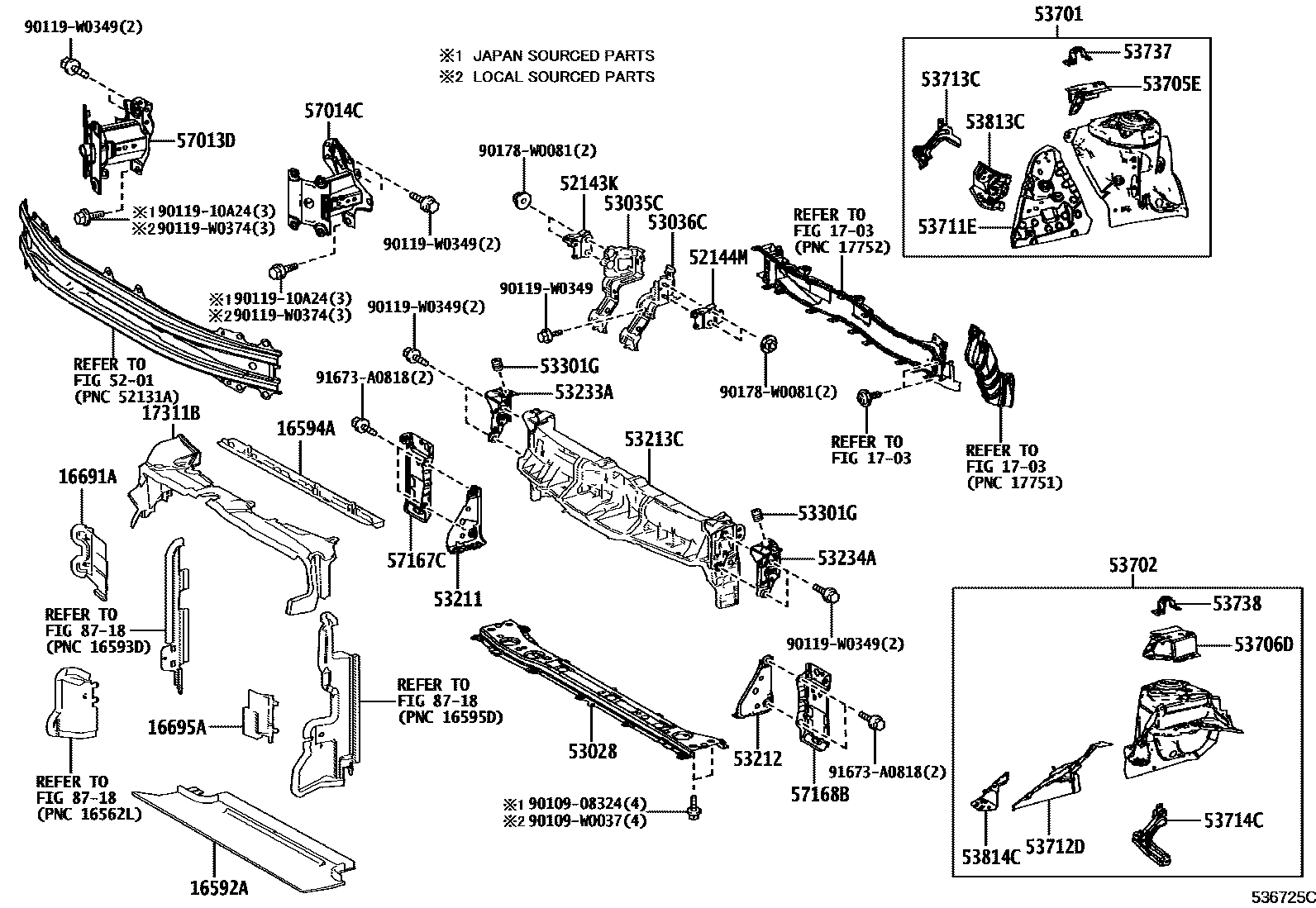 Toyota YARIS 前翼子板挡泥板和前围板 EPC diagram — 536725C