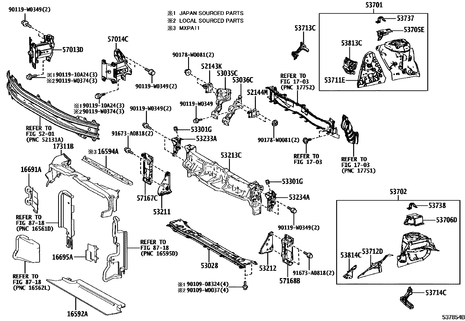 Toyota YARIS 前翼子板挡泥板和前围板 EPC diagram — 537854B