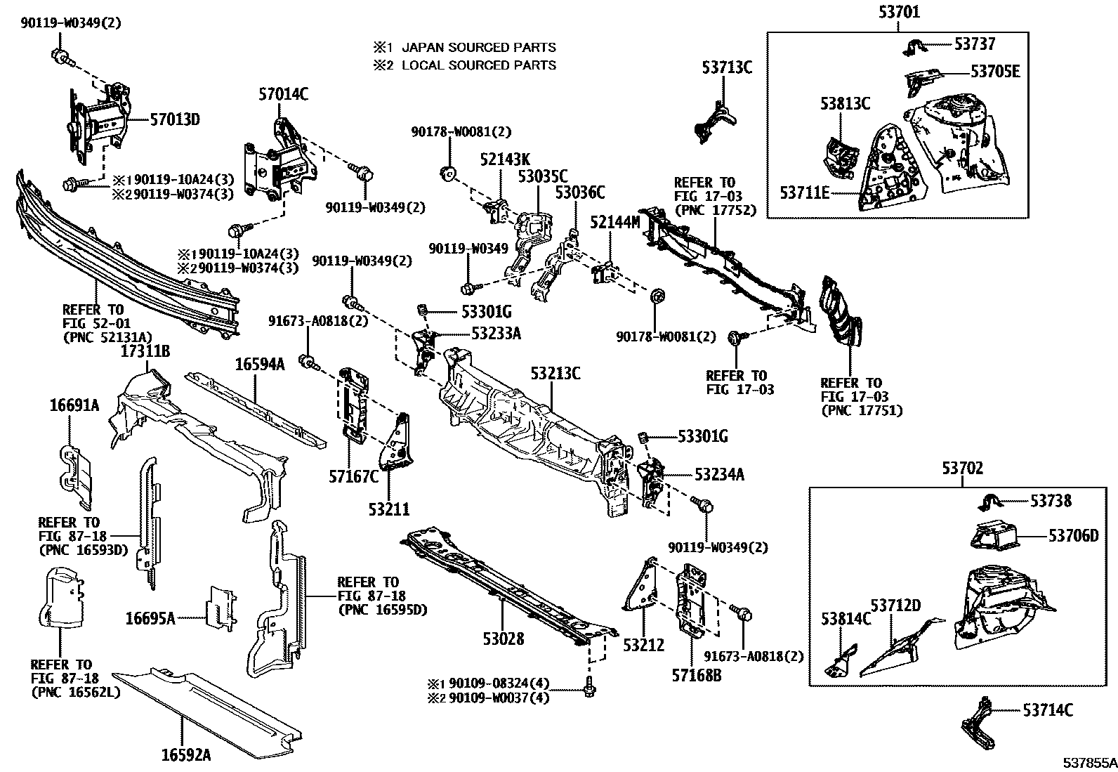 Toyota YARIS 前翼子板挡泥板和前围板 EPC diagram — 537855A