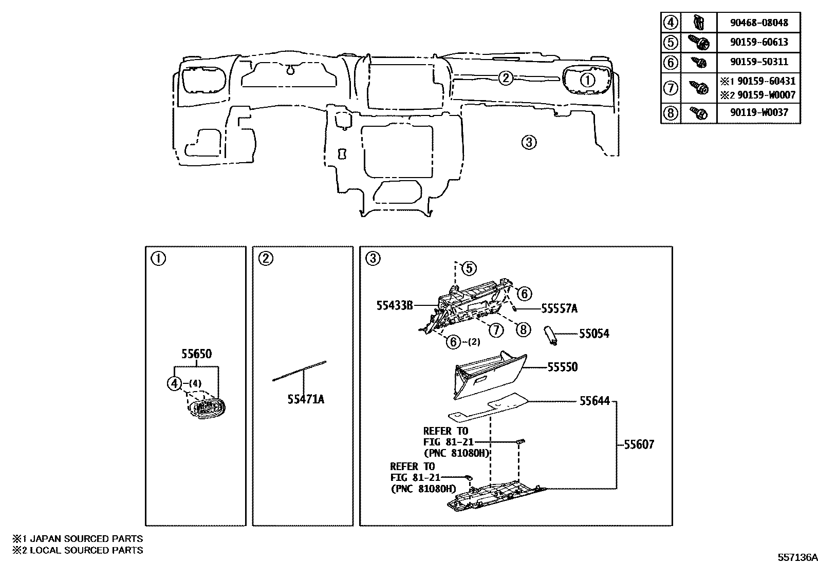 Toyota YARIS 仪表板和手套箱 EPC diagram — 557136A
