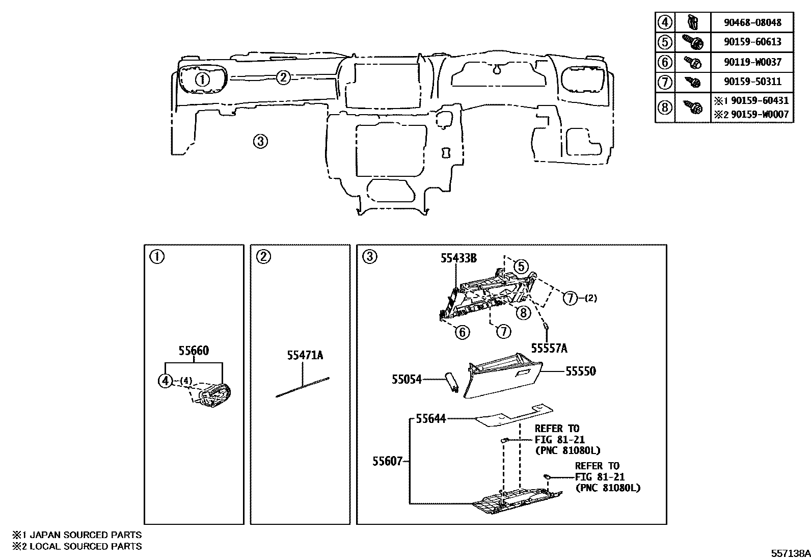 Toyota YARIS 仪表板和手套箱 EPC diagram — 557138A