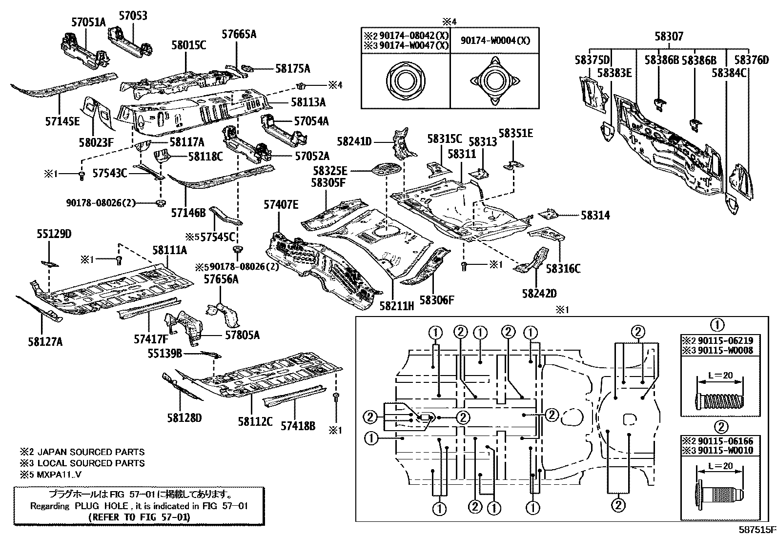 Toyota YARIS 浅盘形地板和车身下背板 EPC diagram — 587515F