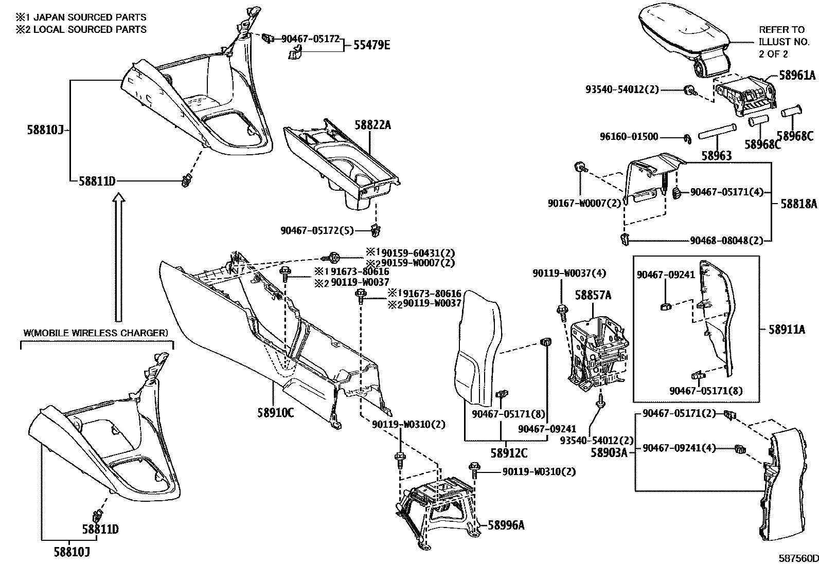 Toyota YARIS 中央扶手箱和支架 EPC diagram — 587560D
