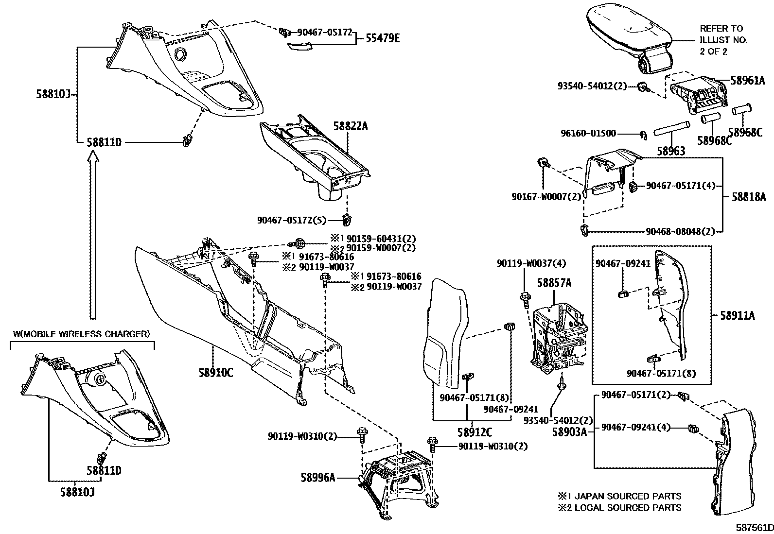 Toyota YARIS 中央扶手箱和支架 EPC diagram — 587561D
