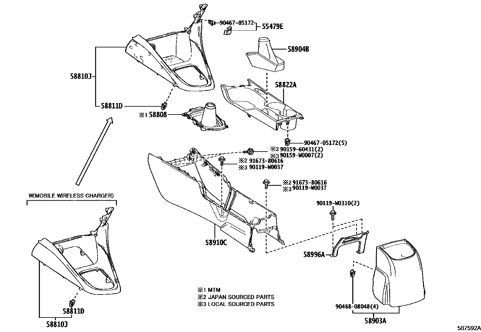Toyota YARIS 中央扶手箱和支架 EPC diagram — 587592A