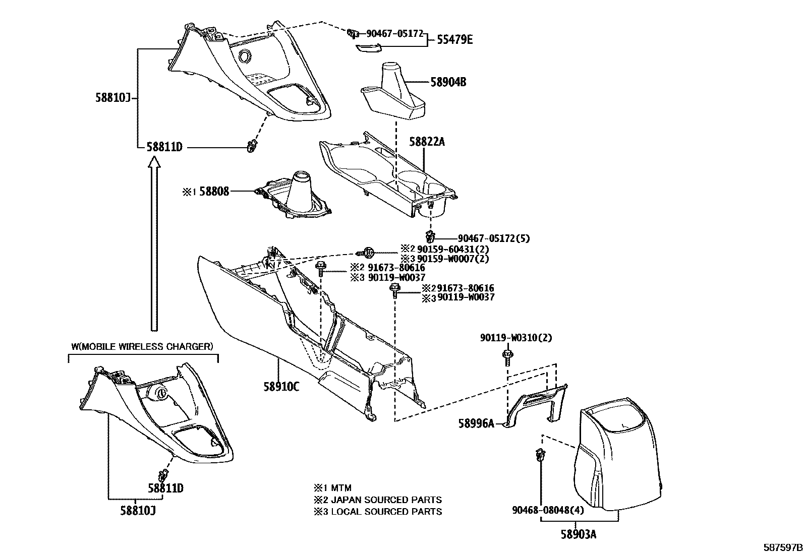 Toyota YARIS 中央扶手箱和支架 EPC diagram — 587597B