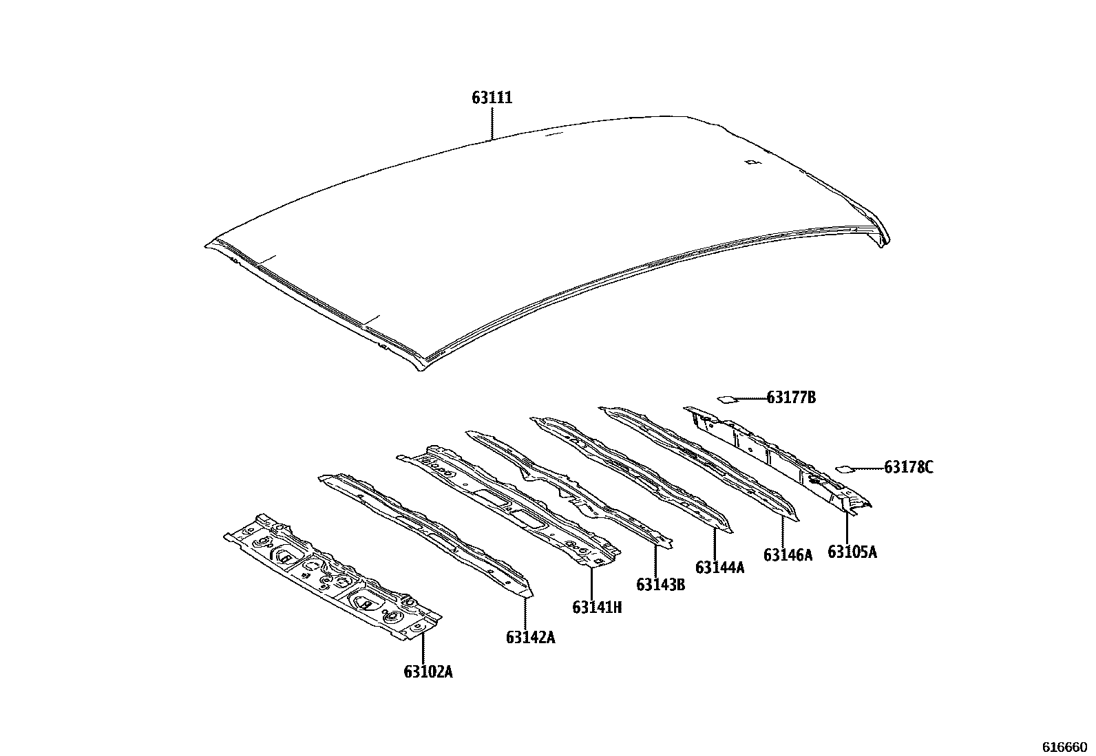 Toyota YARIS 天窗板和背窗玻璃 EPC diagram — 616660