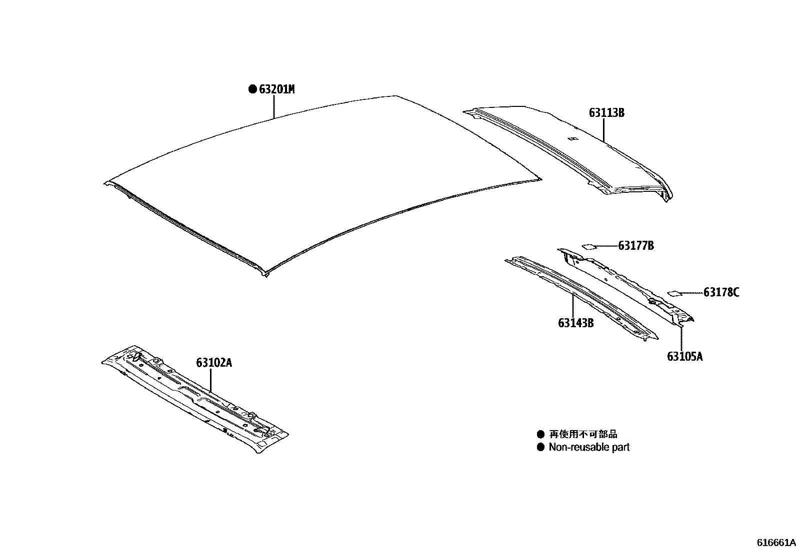 Toyota YARIS 天窗板和背窗玻璃 EPC diagram — 616661A