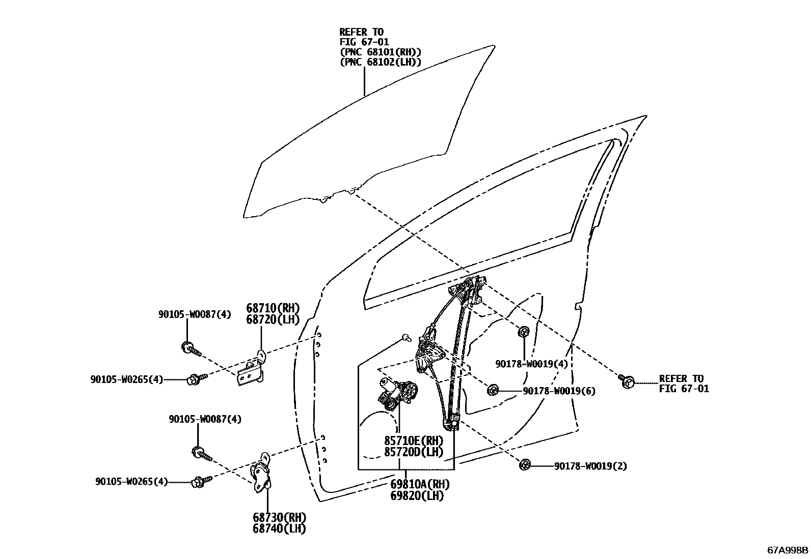 Toyota YARIS 前门车窗升降器和合页 EPC diagram — 67A998B
