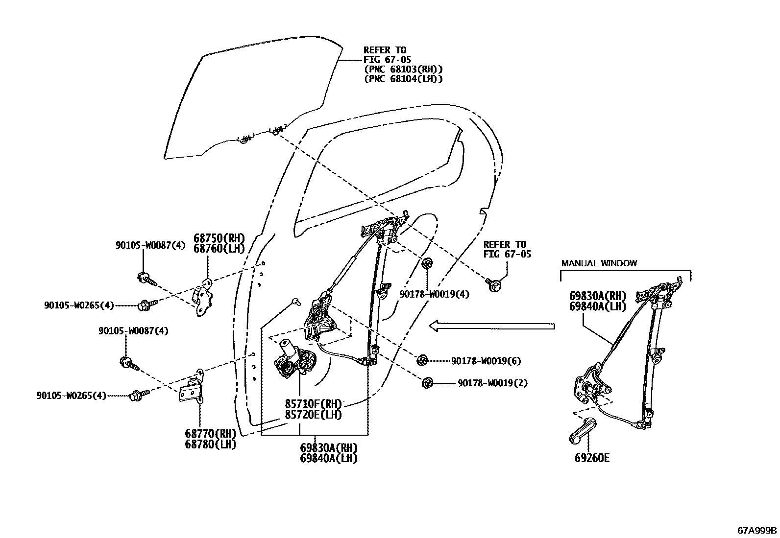 Toyota YARIS 后门车窗升降器和合页 EPC diagram — 67A999B