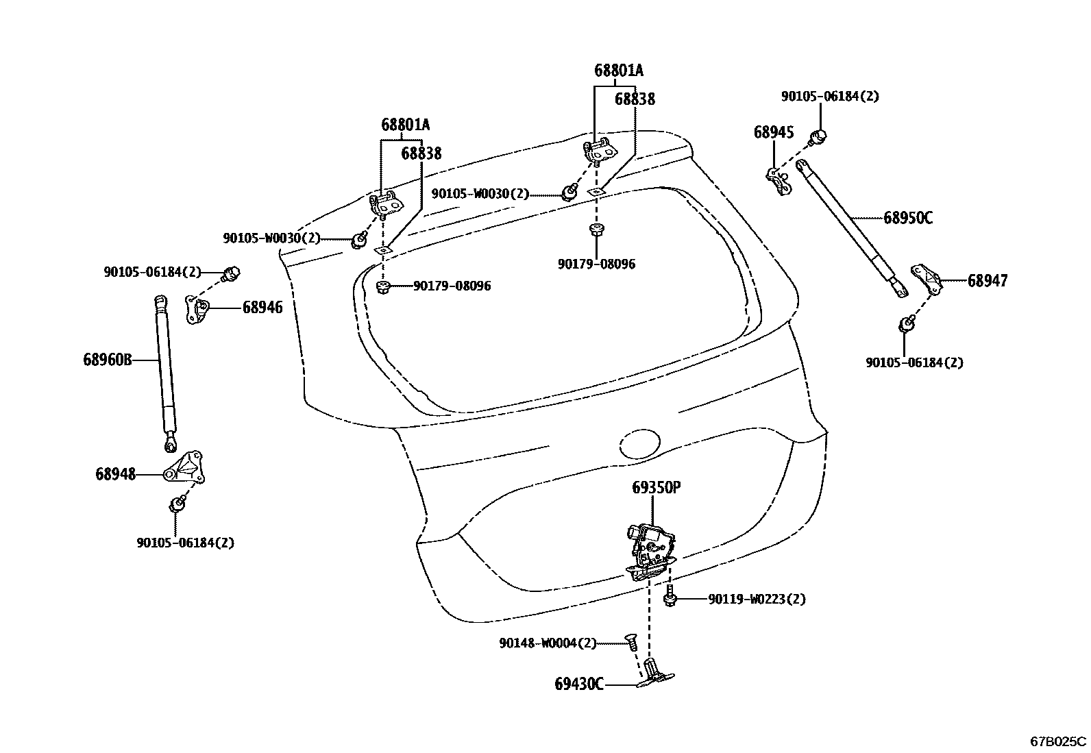 Toyota YARIS 背门锁和背门把手 EPC diagram — 67B025C