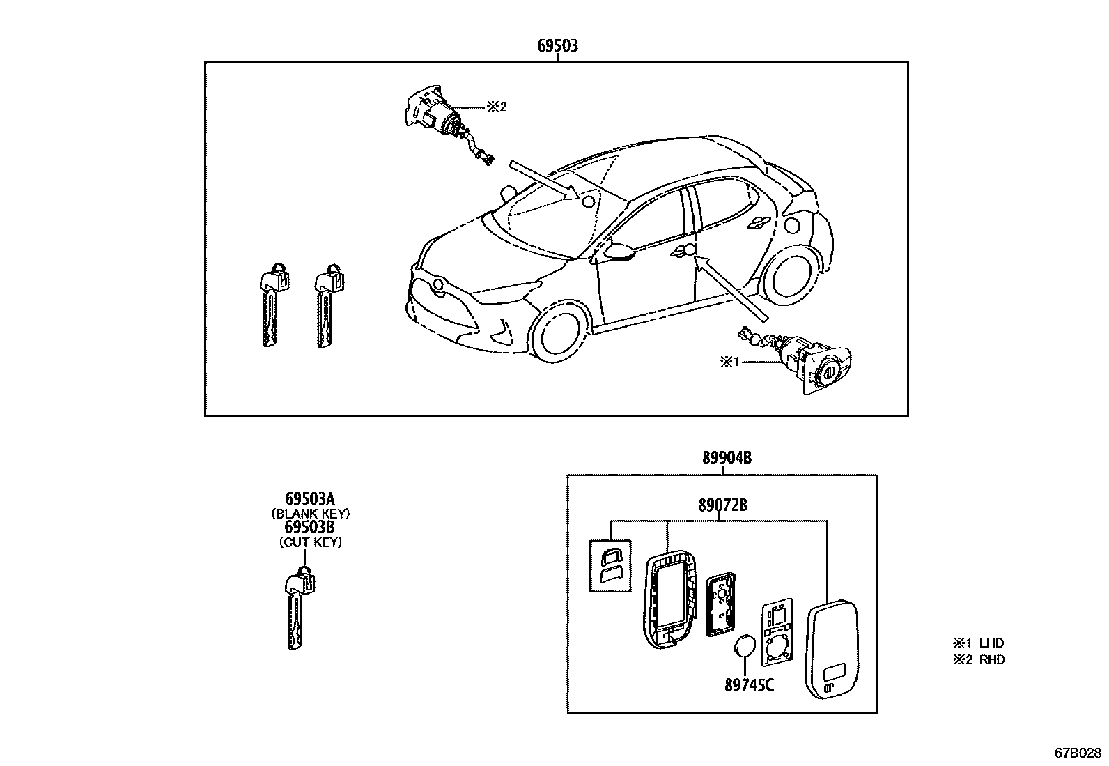 Toyota YARIS 锁芯组件 EPC diagram — 67B028