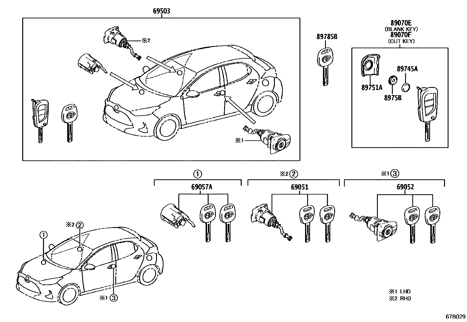 Toyota YARIS 锁芯组件 EPC diagram — 67B029