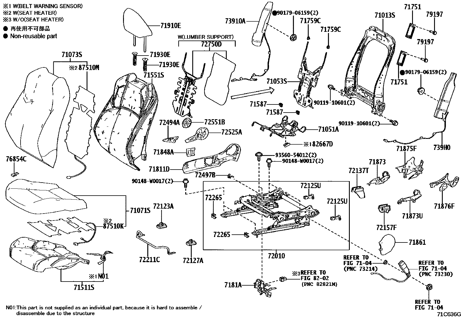Toyota YARIS 前排座椅和座椅滑轨 EPC diagram — 71C636G