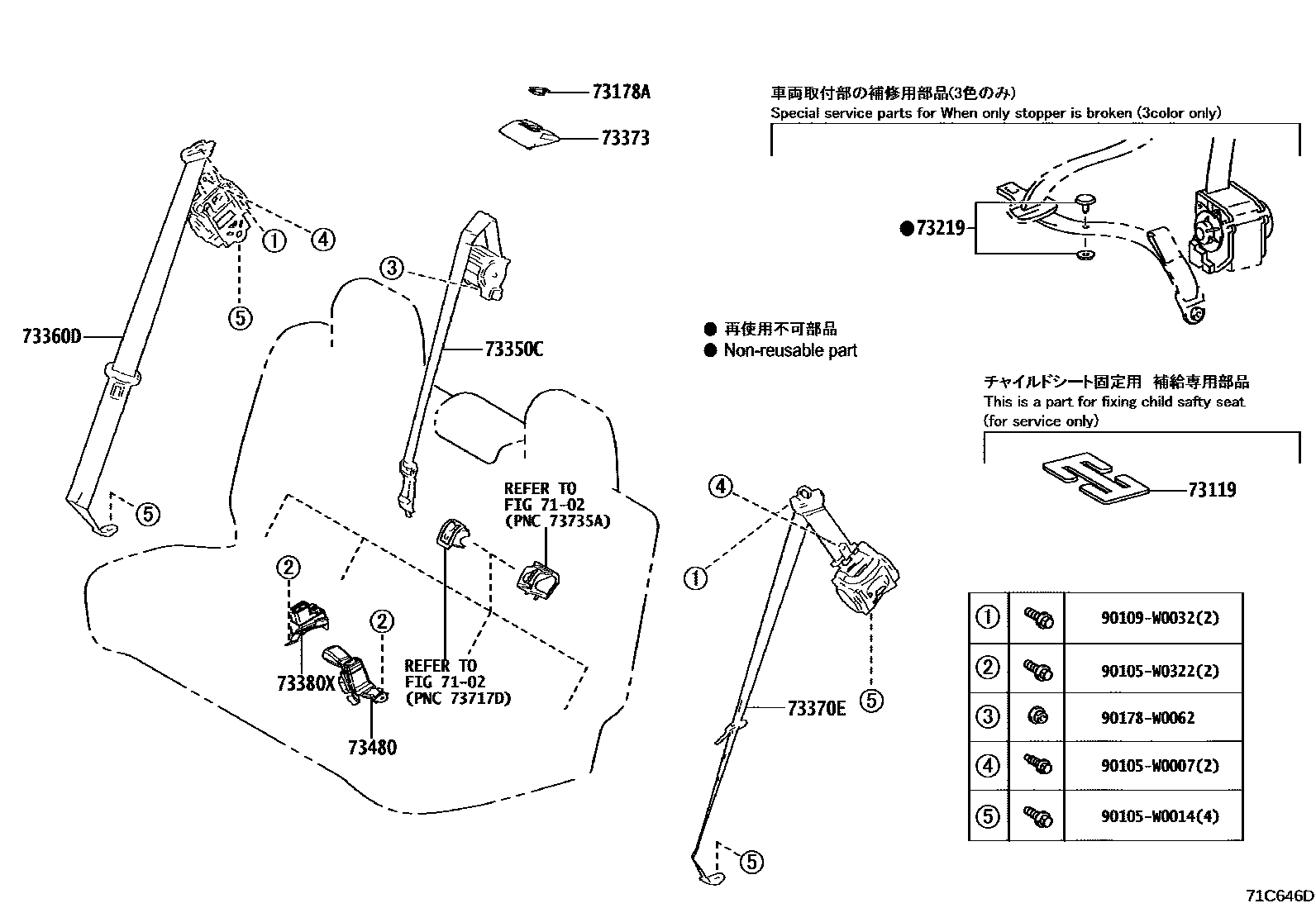 Toyota YARIS 安全带和儿童保护座椅 EPC diagram — 71C646D