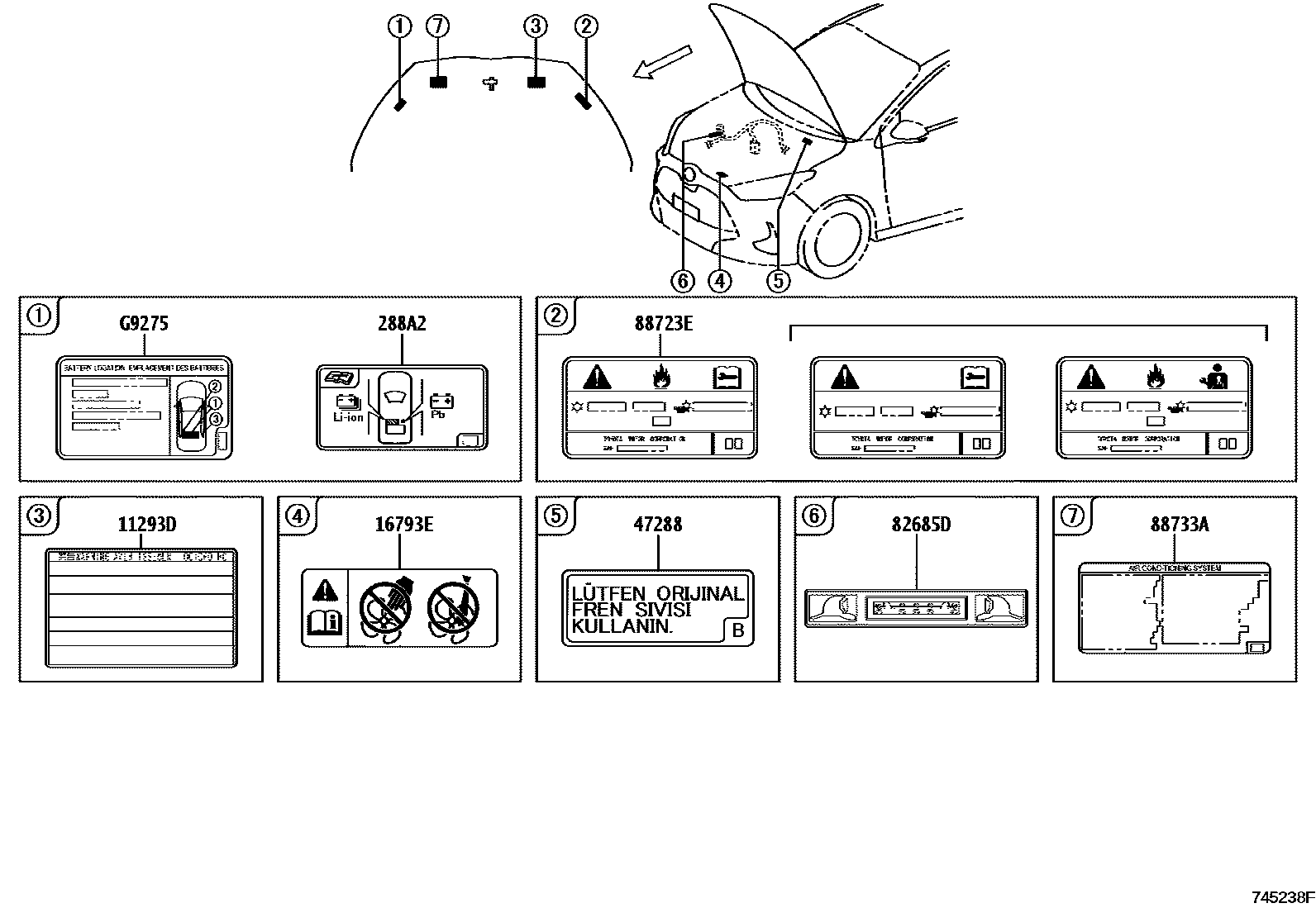 Toyota YARIS 警示铭牌(车外和车内) EPC diagram — 745238F