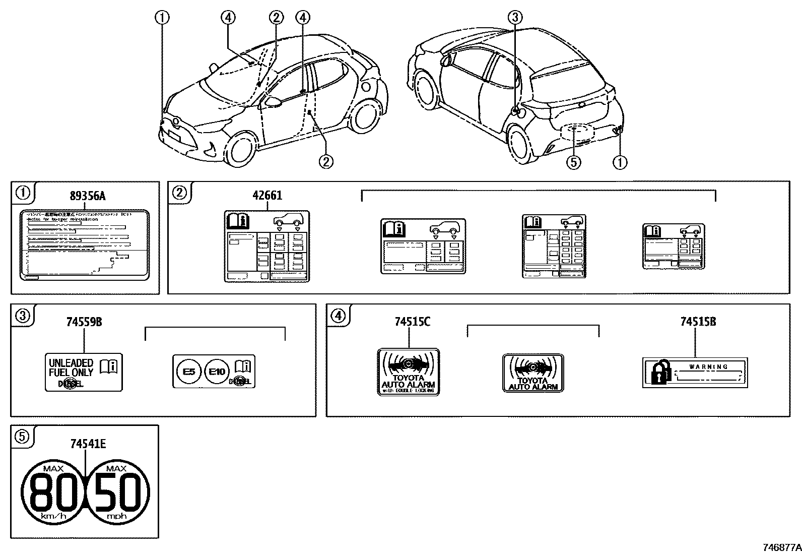 Toyota YARIS 警示铭牌(车外和车内) EPC diagram — 746877A