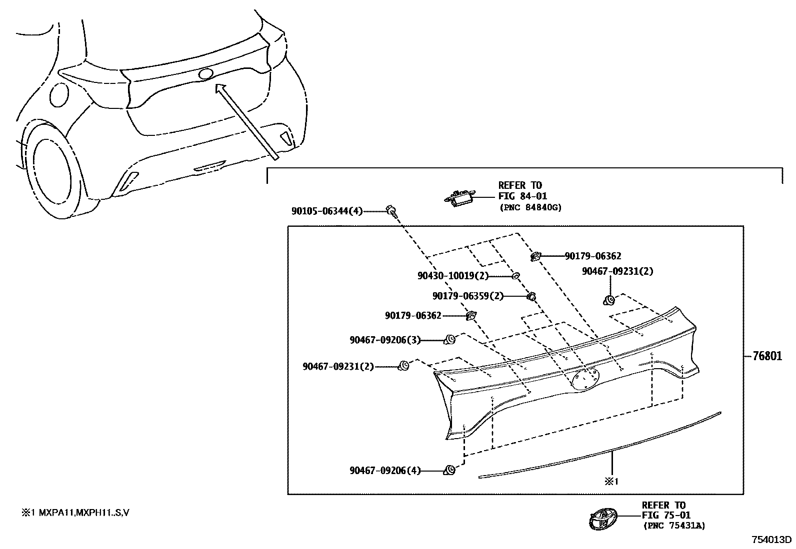 Toyota YARIS 后防护条 EPC diagram — 754013D